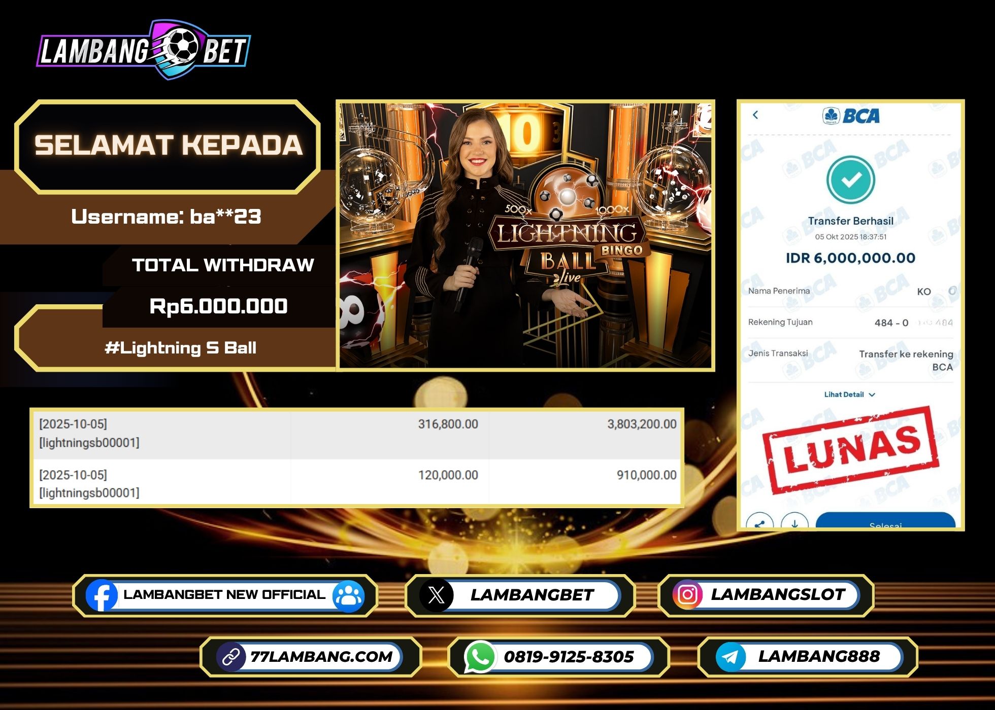 LAMBANGBET [5 OKTOBER 2025] JACKPOT LIVE CASINO Lightning S Ball "Rp6.000.000" LUNAS